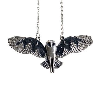 Flying Owl Silver and Black Pendant Necklace